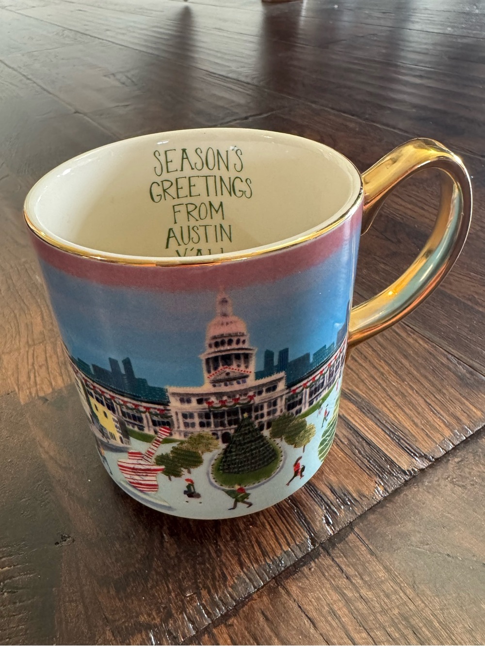 Anthropologie Season's Greetings From Austin Gold-Handle Holiday Coffee Mug
